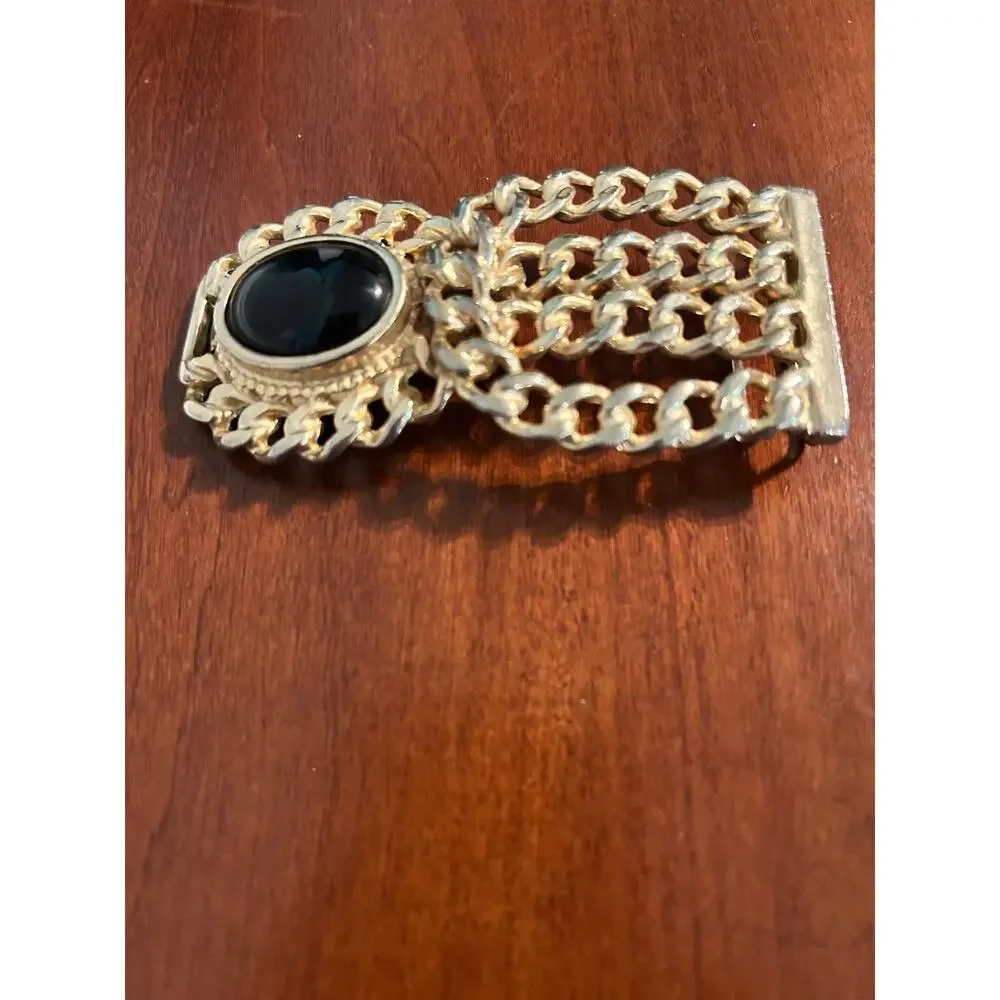 Vintage Gold Tone Multi Strand Chain Belt Buckle Black Cabochon Statement